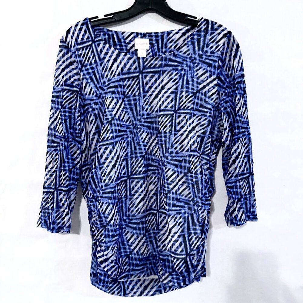 Chicos Size Small 1 BlueTop Blouse 3/4 Sleeves Zebra Mesh Ombré Striped See thru - Picture 3 of 7